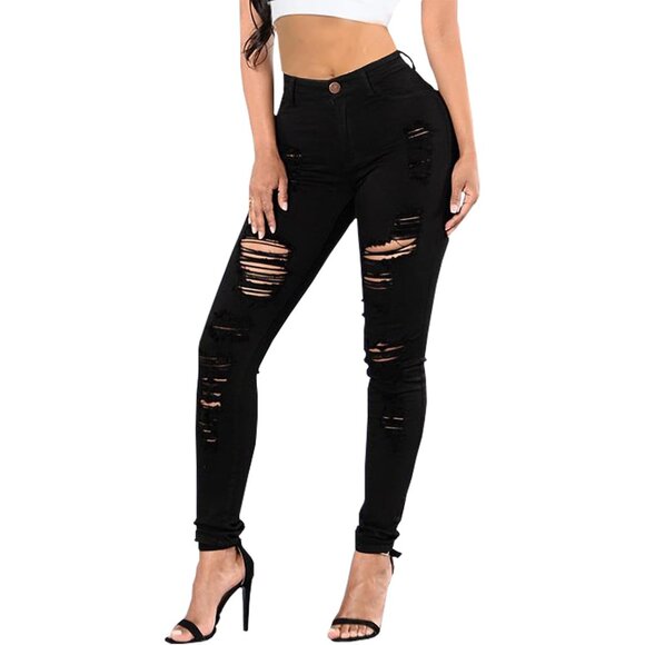 Women's High Waisted Ripped Skinny Jeans Polycotton Stretch Body Shaping - Picture 2 of 6